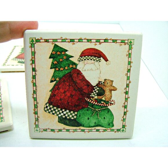 Decorative Art Tile Coaster Set 4 Santa Delivering Gift Holiday Christmas Decor - Picture 3 of 7